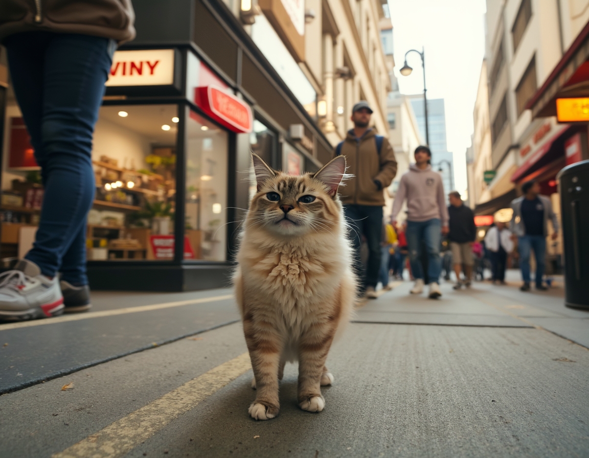 Cat strolls down a city sidewalk, confidently navigating the vibrant cityscape.